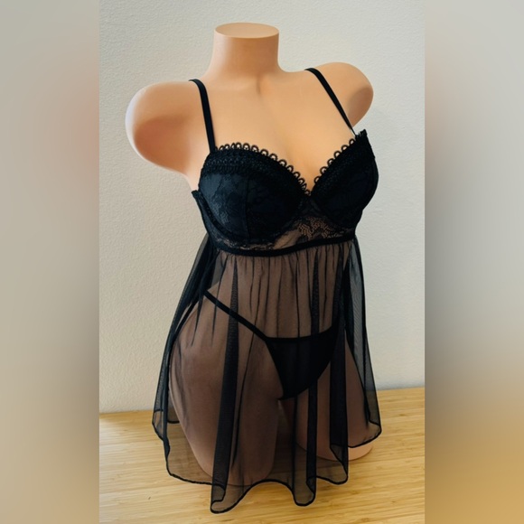Victoria’s Secret Eyelash Lace Babydoll Lingerie Embroidered Black 36C - CUPS - Picture 3 of 8